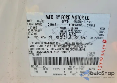 2009 Mercury Mariner Premier z USA, uszkodzony, nr VIN 4M2CU97GX9KJ23907